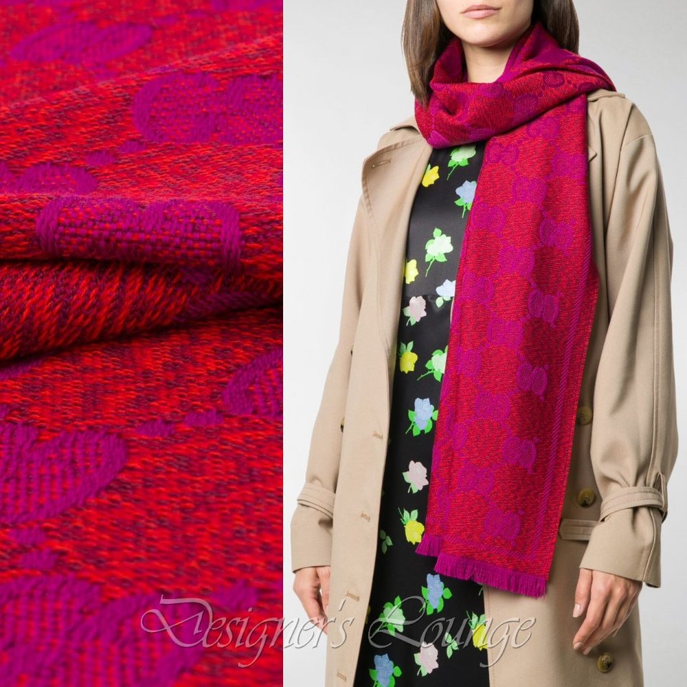 NEW GUCCI GG Jacquard Wool Scarf in Red And Pink $590 Authentic